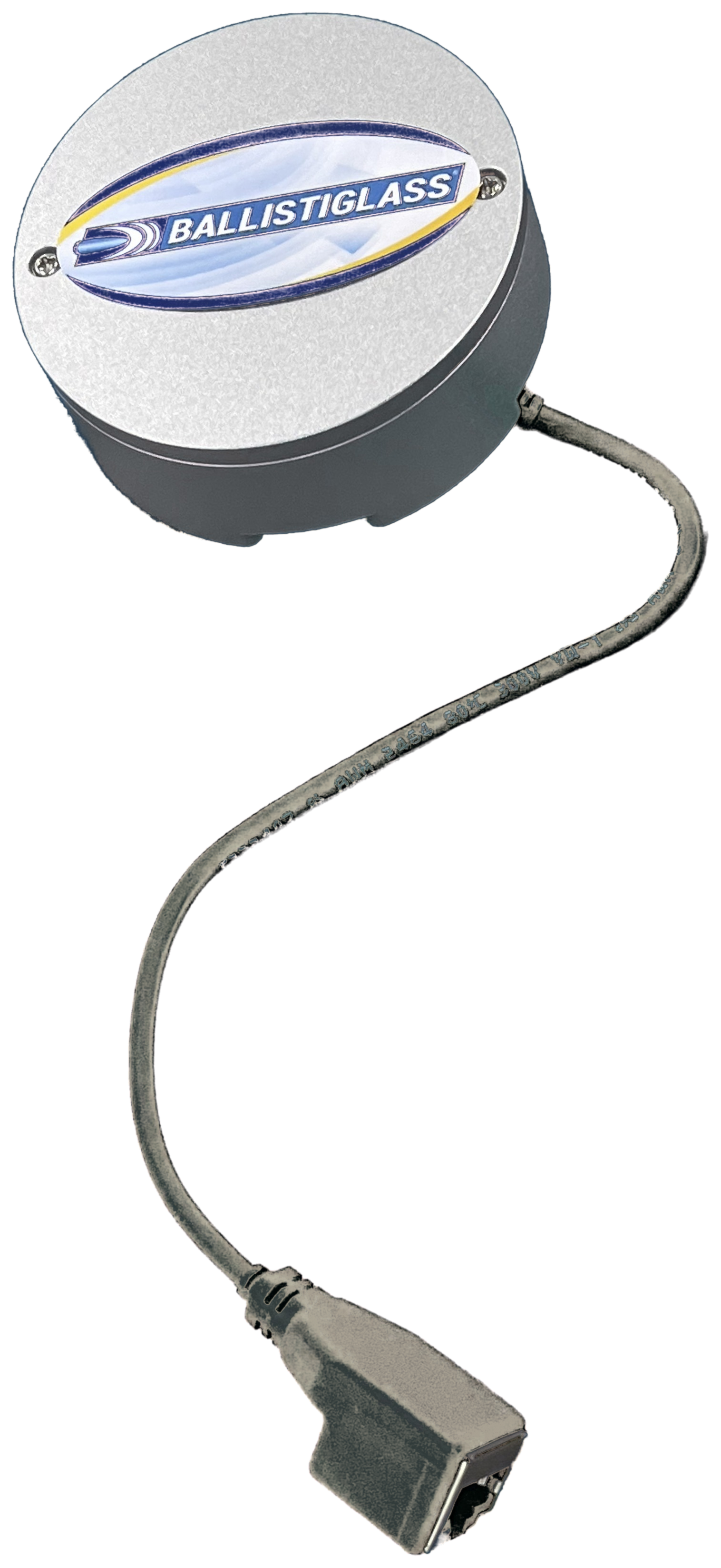 BallistiSCAN sensor — silver hockey-puck-sized disc with Ballistiglass label, a black low-voltage cable looping down to a standard RJ45 ethernet jack. The connector is the scale reference.
